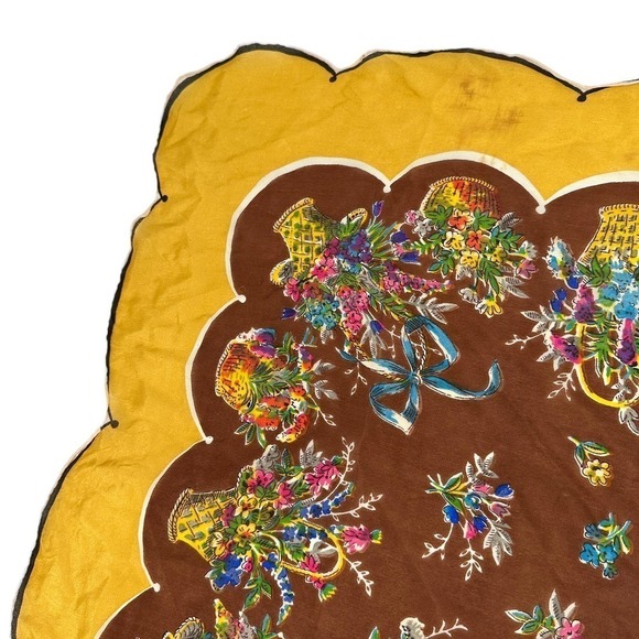 vintage scalloped Carol Stanley Floral Designer Scarf Silk Yellow Brown One Size - Picture 2 of 12